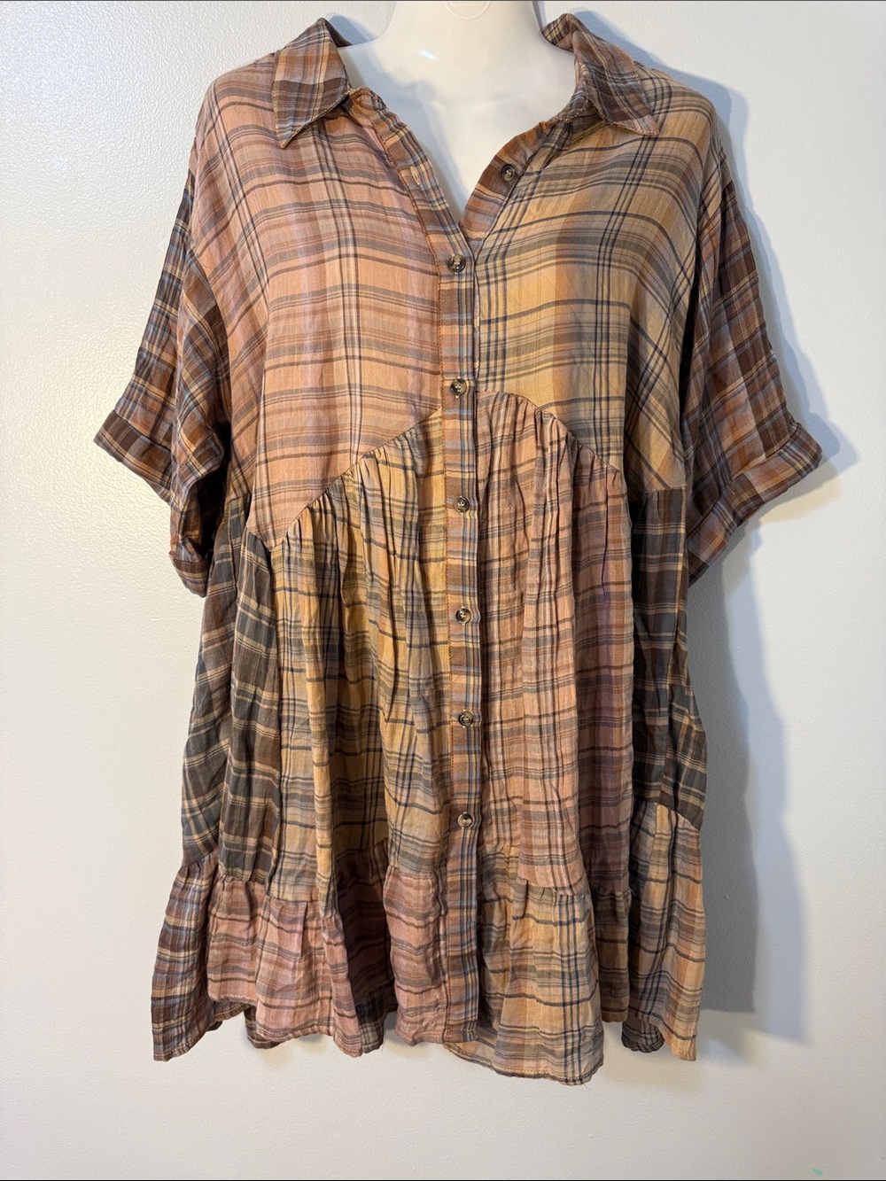 By Together Plaid Button-Front Tiered Tunic in Rust and Tan